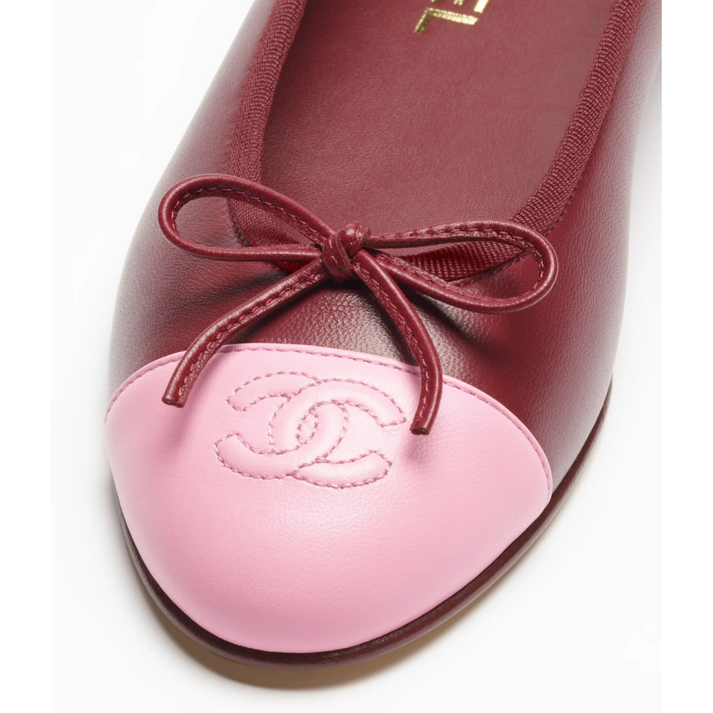 Chanel 26S Burgundy Red Pink Lambskin Leather CC Logo Ballet Ballerina Flat 37.5 - Picture 7 of 16